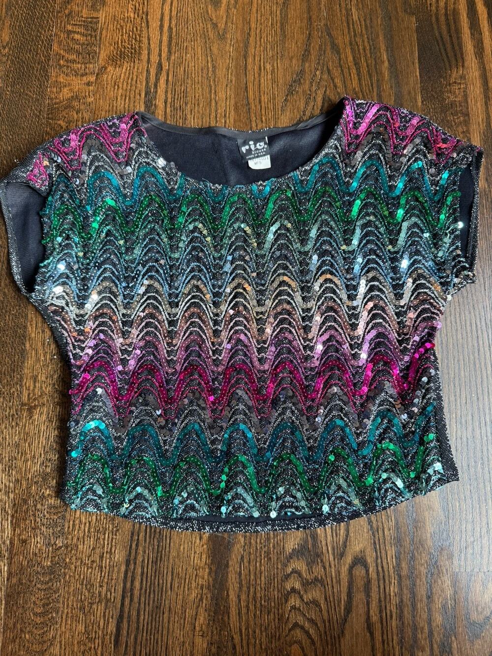 Vintage 1980s Rio Blouse Multicolor Rainbow Zigzag Sequin Party Top Made in USA